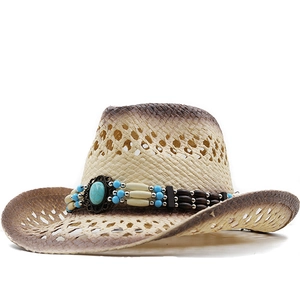 Bohemian western straw cowboy hat with turquoise stone and colorful bead band