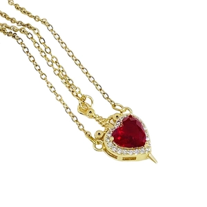 Titanium necklace with red heart pendant and micro-set zircons on gold-plated chain