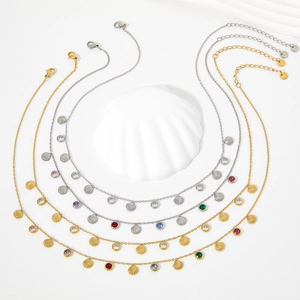 Multi-layer stainless steel necklace set with colorful zircon and shell charms