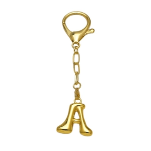 Polished 18k gold plated 3D bubble letter A keychain with lobster clasp on white background