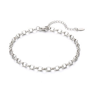 Minimalist silver stainless steel chain anklet with adjustable lobster clasp on white background