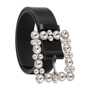 Chic black leather belt featuring a large square buckle encrusted with shiny crystals