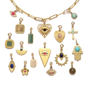 Golden stainless steel necklace collection with turquoise heart and Hamsa hand charms