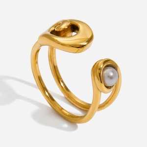 Paperclip Shape Open Ring 18K Gold Plated Stainless Steel With Artificial Pearl Geometric Minimalist Jewelry For Women