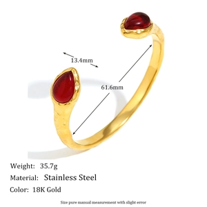 18K gold plated stainless steel double snake head cuff bracelet with red agate stone