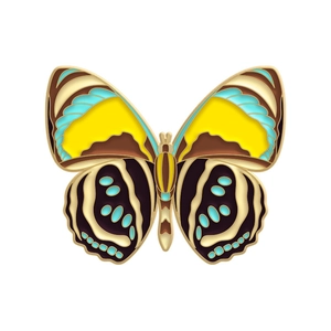 Detailed view of enamel butterfly brooch with yellow and teal wings in gold finish