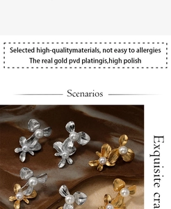 Detail of gold and silver flower earrings with pearls and polished PVD plating