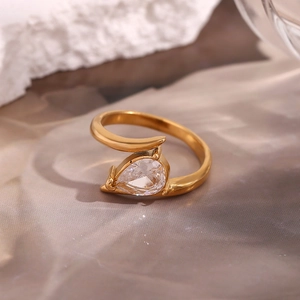 18K gold plated stainless steel ring with wing design and teardrop white zircon stone