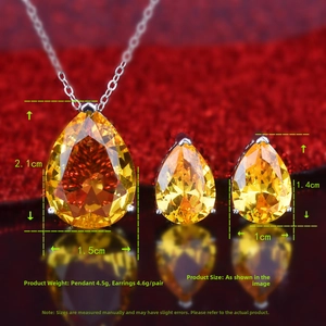 Macro shot of yellow citrine waterdrop necklace and earrings set with detailed dimensions