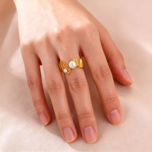 Irregular Metal Texture Ring Stainless Steel Faux Artificial Pearl Adjustable Open Ring Geometric Elegant Jewelry For Women Gold