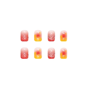 Short round red and yellow gradient press-on nails with glitter and drip texture