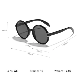Vintage Oversize-Sonnenbrille mit rundem Rahmen und detaillierten Größen- und Gewichtsangaben