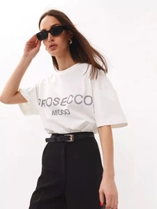 Oversized λευκό βαμβακερό T-shirt με γράμματα Prosecco Mood για μια κομψή καλοκαιρινή εμφάνιση
