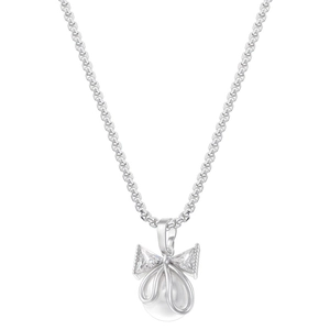 Elegant silver bow pendant necklace with round pearl and sparkling triangular crystals