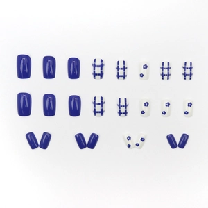 Klein blue and checkered floral patterns on 24pcs square-oval press-on nail kit