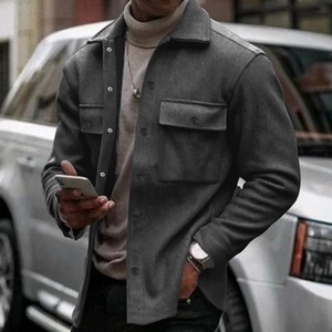 Slim fit men's winter jacket in dark grey wool blend with chest pockets and button front