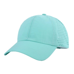 Breathable mint green quick-dry baseball cap with laser-cut side vents for outdoor sports