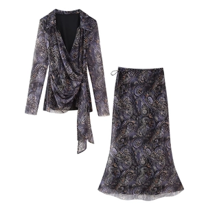 Haut Cache-Coeur En Maille Imprimé Paisley À Manches Longues Et Jupe Longue Sirène Sexy