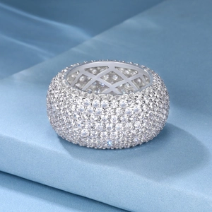 Wide Cuban link ring in silver finish with pavé set white cubic zirconia stones