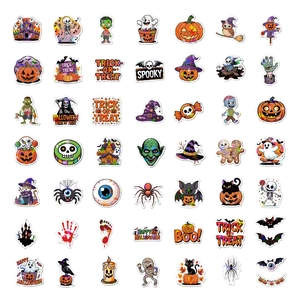Matrix layout of 50 waterproof Halloween stickers featuring pumpkins, ghosts and skulls