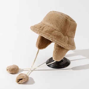 Plush Bucket Hat With Ear Protection Faux Rabbit Fur Warm Winter Basin Hat Solid Color Pompom Ties For Women