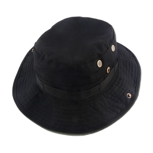 Detailed side view of black tactical boonie hat with metal eyelets and webbing trim