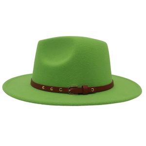 Detail of bright green fedora hat featuring a brown faux leather band with metal rivets