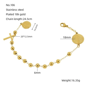 Detailed view of gold stainless steel beaded cross bracelet with specific dimensions