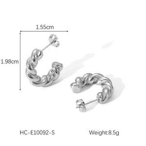 Silver twisted C-shape hoop earrings measuring 1.98cm high and 1.55cm wide