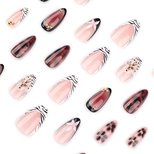 3D floral press-on nails with zebra stripes and tortoise shell designs for autumn and winter