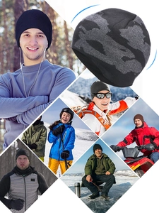 Collage aus Camouflage- und schwarzen Wintermützen bei Ski- und Outdoor-Aktivitäten