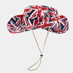 Wide brim bucket hat with Union Jack print and adjustable windproof chin strap