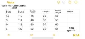 Detailed size chart for faux leather bomber jacket with measurements in centimeters