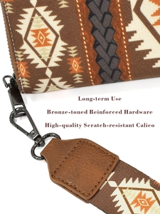 Detail showing bronze-toned hardware and scratch-resistant tribal print fabric