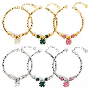 Lucky Four-Leaf Clover Bracelet Stainless Steel Pave Rhinestone Pendant Adjustable Box Chain Elegant Jewelry Gift Women
