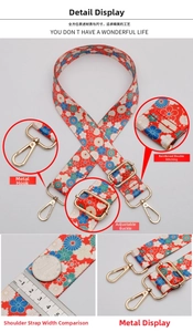 Detailed view of floral canvas bag strap with golden metal hooks and adjustable buckle