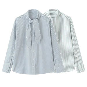 Women Striped Blouse Polyester Poplin Long Sleeve Pussy-Bow Collar Button Down Elegant Casual Sweet Shirt For Lady