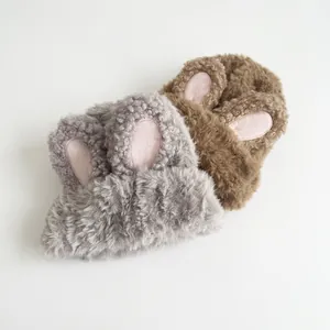 Fashionable warm knit rabbit ear beanies for women in grey and brown plush fleece