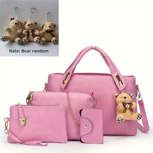 Pink 4-piece set including handbag, crossbody bag, clutch and card holder with bear charm