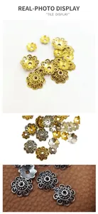 Detailed view of hollow flower bead caps in antique gold and silver for DIY jewelry