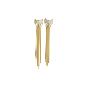 Élégantes boucles d'oreilles nœud plaquées or 18 carats avec zircons et longues franges.