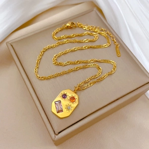 Titanium steel gold necklace with geometric pendant and colorful square gemstones