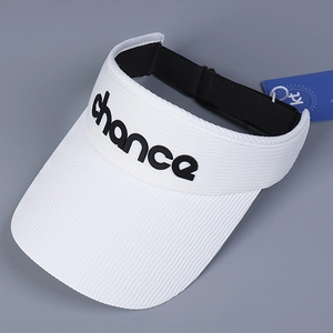 Close-up of white ribbed visor with chance embroidery and black adjustable strap