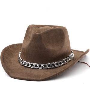 Western Cowboy Hat Faux Suede Wide Brim With Metal Chain Decor Unisex Knight Style Fashion