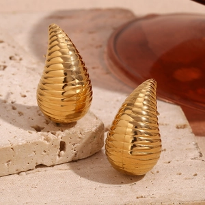 18K gold plated stainless steel hollow teardrop stud earrings with textured spiral design
