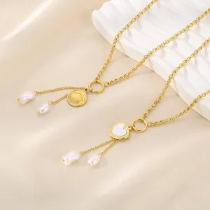 Collier Élégant En Acier Inoxydable Avec Pendentif Coeur En Coquillage Et Gland De Künstliche Perle Baroque Bijoux Vintage Plaqué Or Pour Femmes