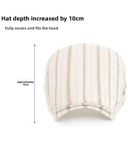 Detail view of striped flat cap showing a 10cm crown depth for a comfortable deep fit