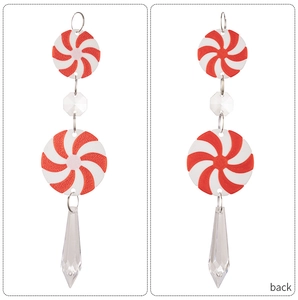 Front and back detail of red and white peppermint ornaments with clear crystal pendants