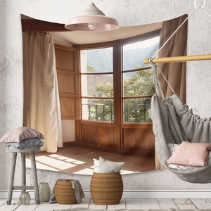 Detail of 3D window view tapestry with mountain landscape for boho home wall decor