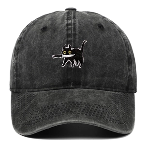 Vintage washed charcoal baseball cap with cartoon black cat embroidery and adjustable strap